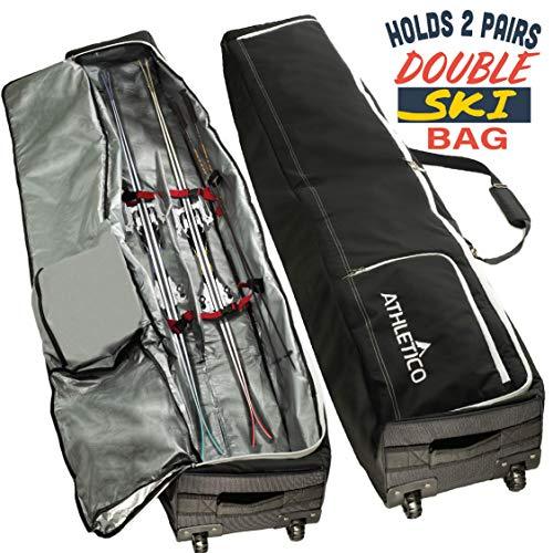 Athletico Rolling Double Ski Bag - Padded Ski Bag with Wheels for Air Trave (Black 190cm)